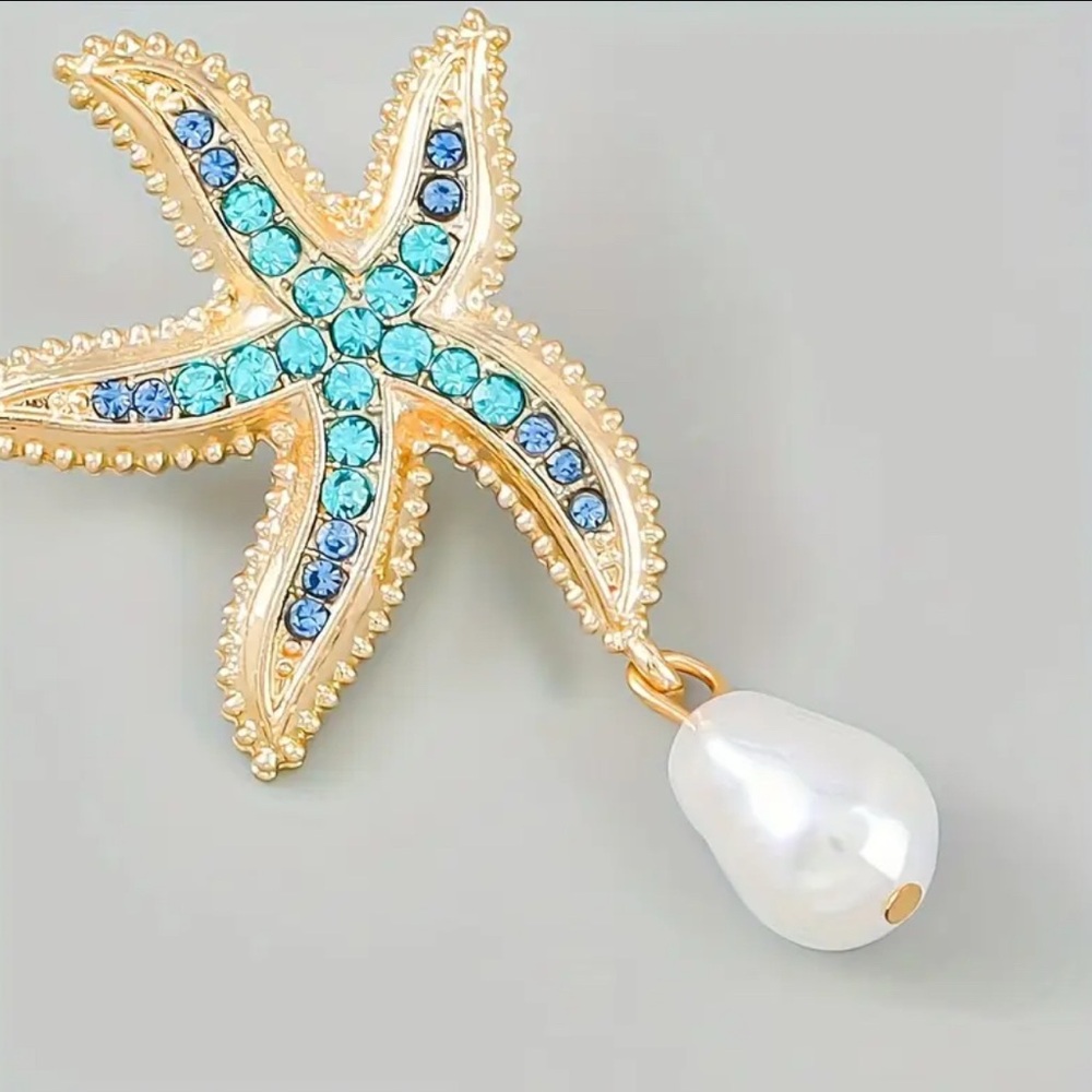 Gold Starfish Earrings with Blue Rhinestones & Pearl Drop NEW NWT Coastal - Picture 2 of 4